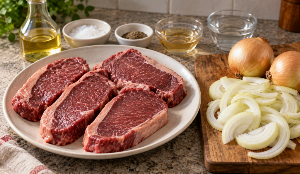 Ingredientes para Bife Acebolado com Contrafilé e Cebola