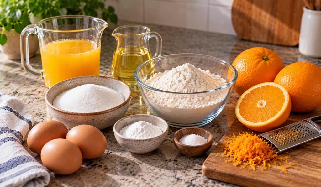 Ingredientes para bolo de laranja caseiro
