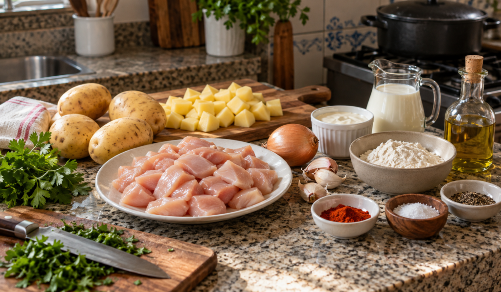 Bancada de Cozinha com Frango e Batatas