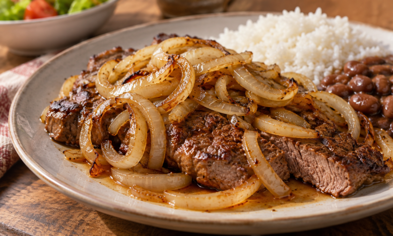 Bife Acebolado Suculento com Arroz e Feijão